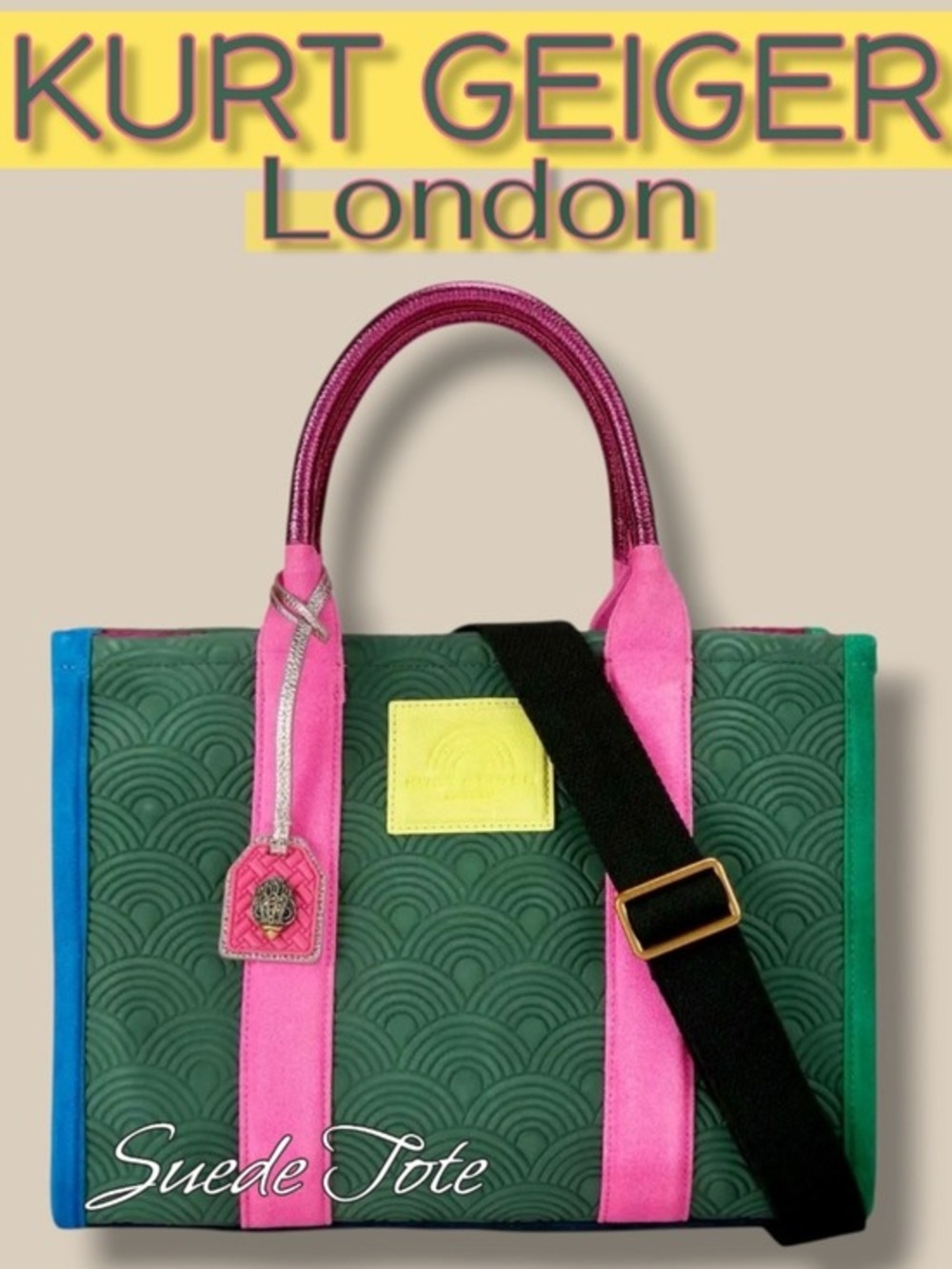 KURT GEIGER LONDON Southbank Suede & Rainbow Embossed Tote Bag-Lg/NWT